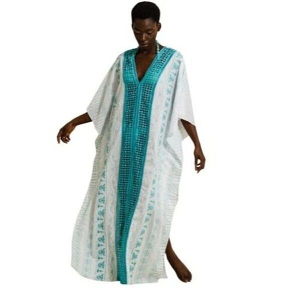 NEW RIO DE JAS size large White Blue embroidered Kaftan Mumu Dress Maxi Poncho - Picture 15 of 15
